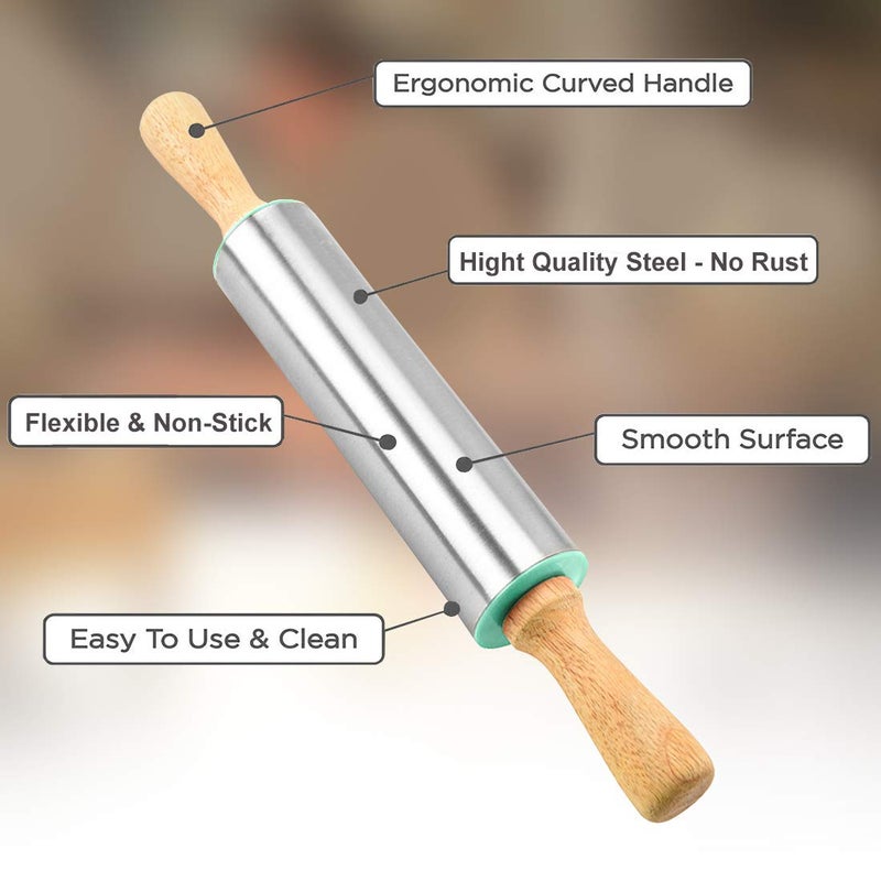 IELEK Rolling Pin Nonstick and Silicone Baking Pastry Mat Combo Kit Dough Rollers for Baking Pasta,Cookie Dough,Pastry,Bakery,Pizza - Image 2